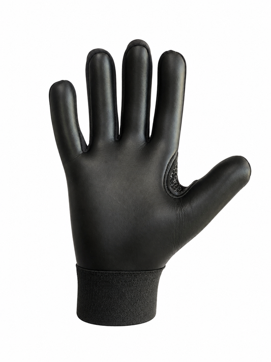 TCC Sports blackout strapless Gaelic glove, palm view showing the latex grip and black wrist cuff.