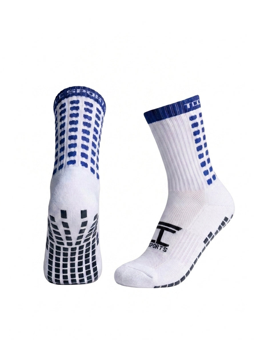 TCC Sports blue and white grip socks showing the side profile and silicone grip sole.