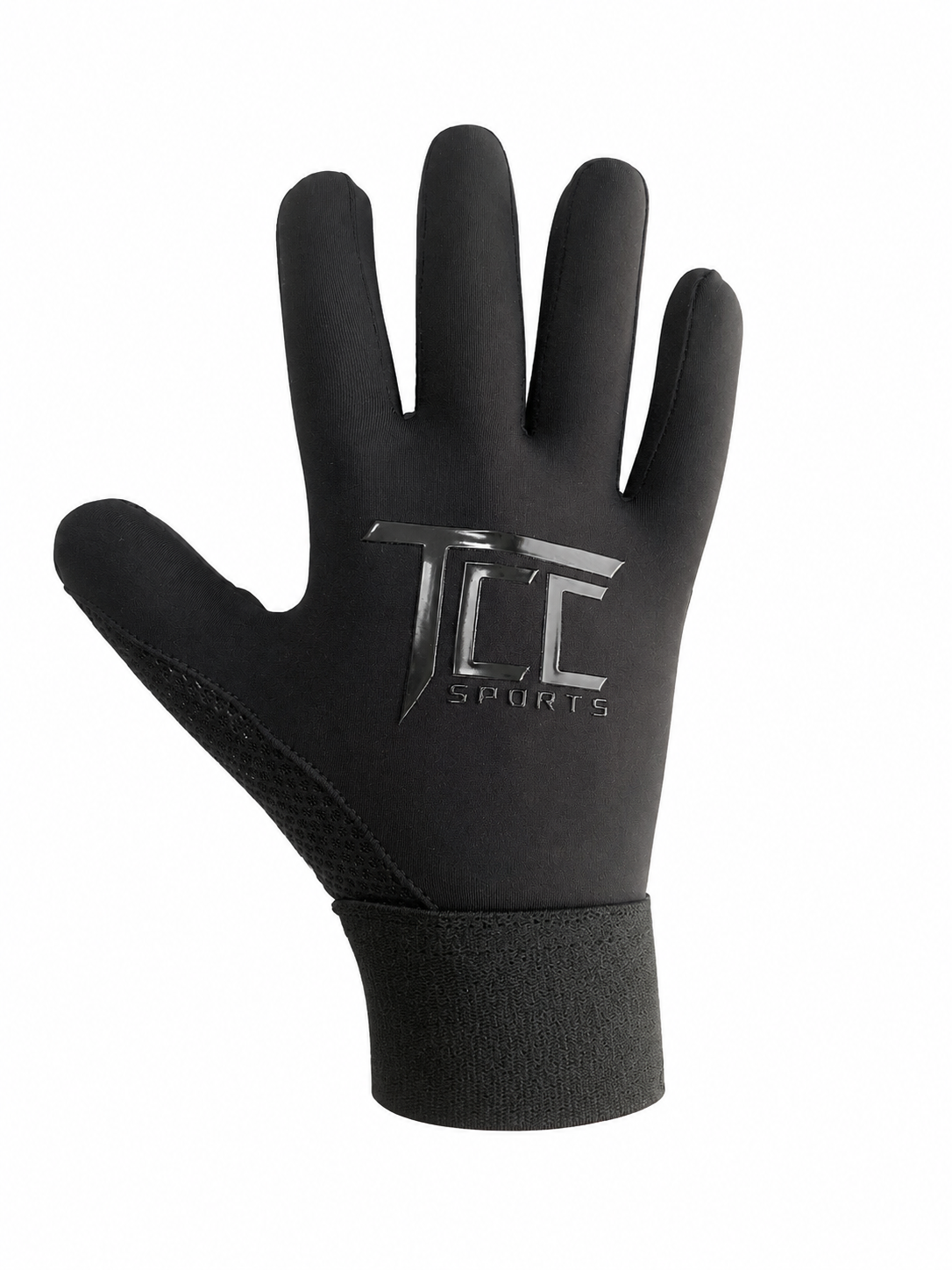 TCC Sports blackout strapless Gaelic glove, backhand view showing the TCC logo and black wrist cuff.