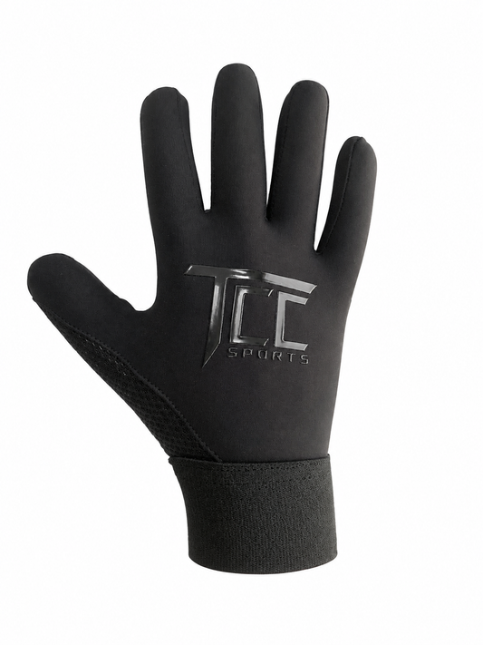 TCC Sports blackout strapless Gaelic glove, backhand view showing the TCC logo and black wrist cuff.