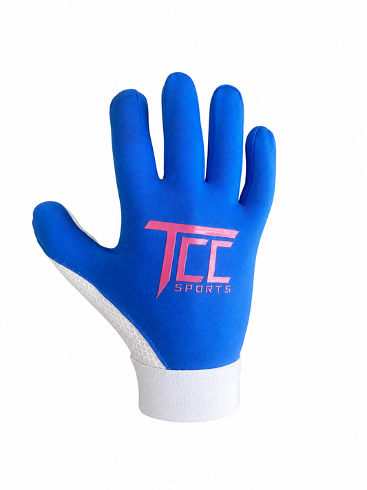 TCC Sports blue strapless Gaelic glove, backhand view showing the TCC logo and white wrist cuff.
