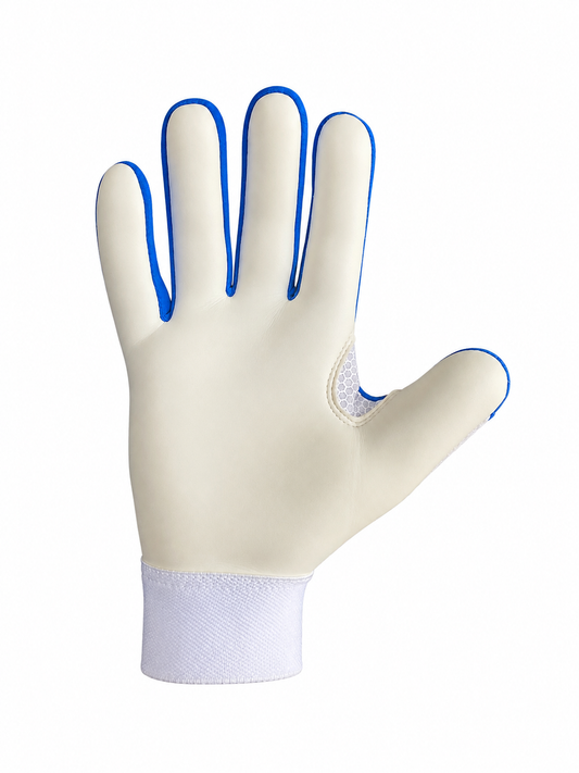 TCC Sports blue strapless Gaelic glove, backhand view showing the TCC logo and white wrist cuff.
