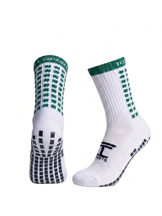 TCC Sports green and white grip socks showing the side profile and silicone grip sole.