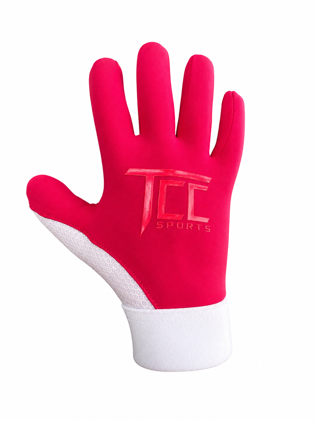 TCC Sports pink and white strapless Gaelic glove, backhand view showing the TCC logo and white wrist cuff.