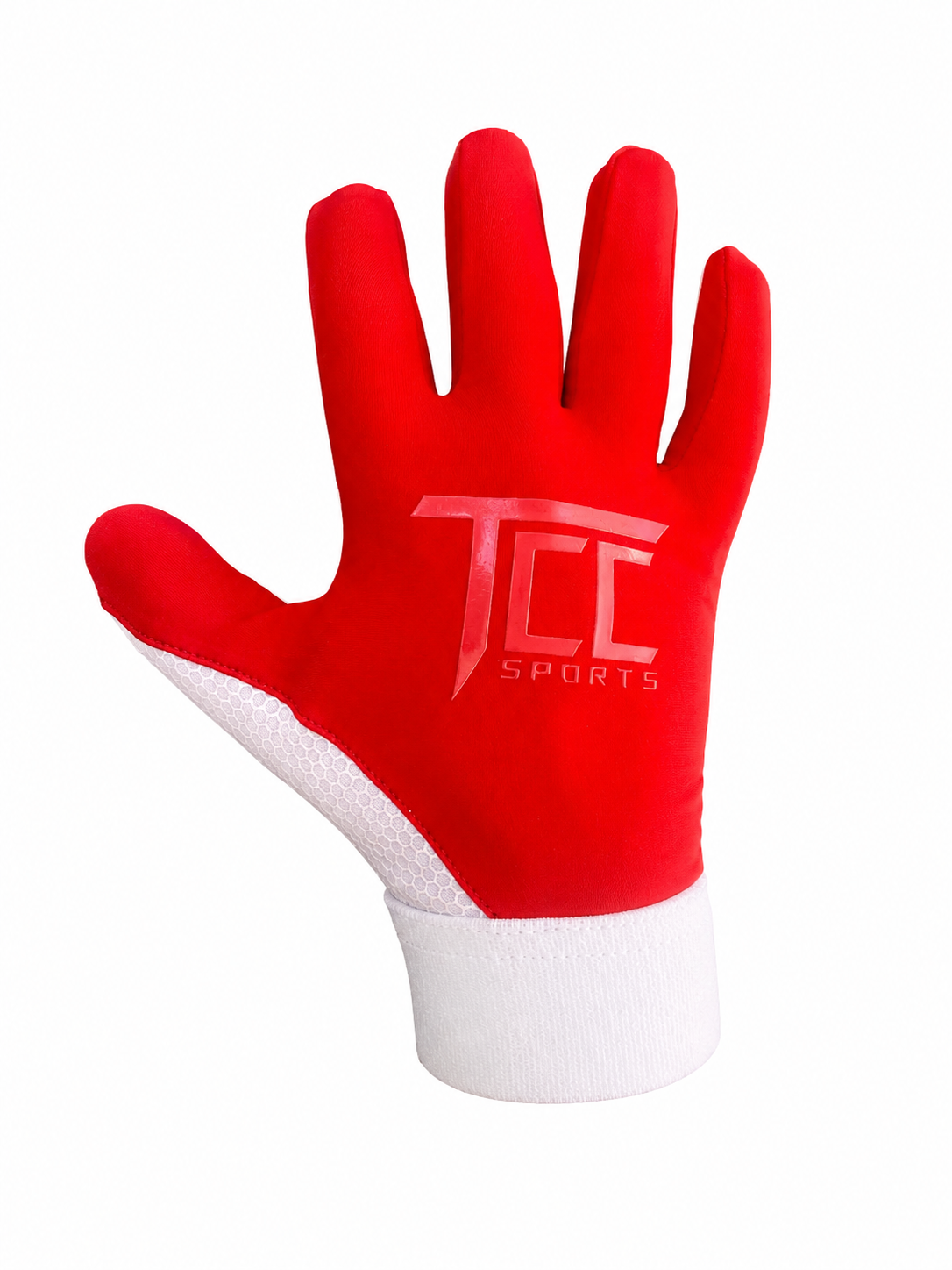 TCC Sports red and white strapless Gaelic glove, backhand view showing the TCC logo and white wrist cuff.