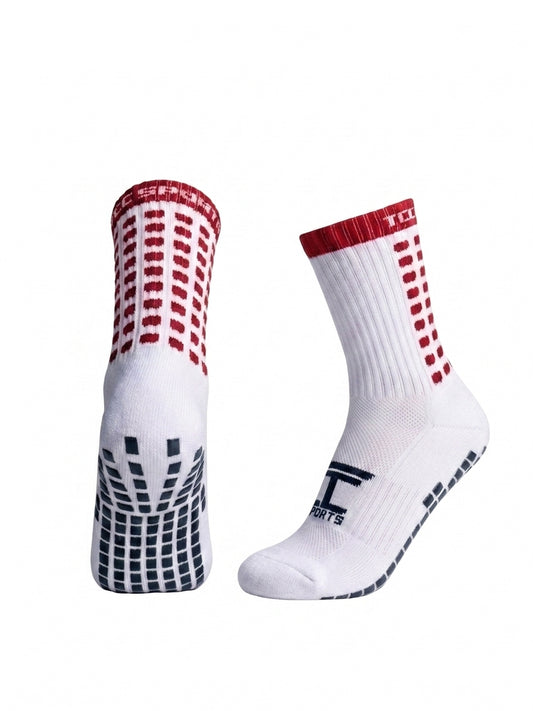 TCC Sports red and white grip socks showing the side profile and silicone grip sole.