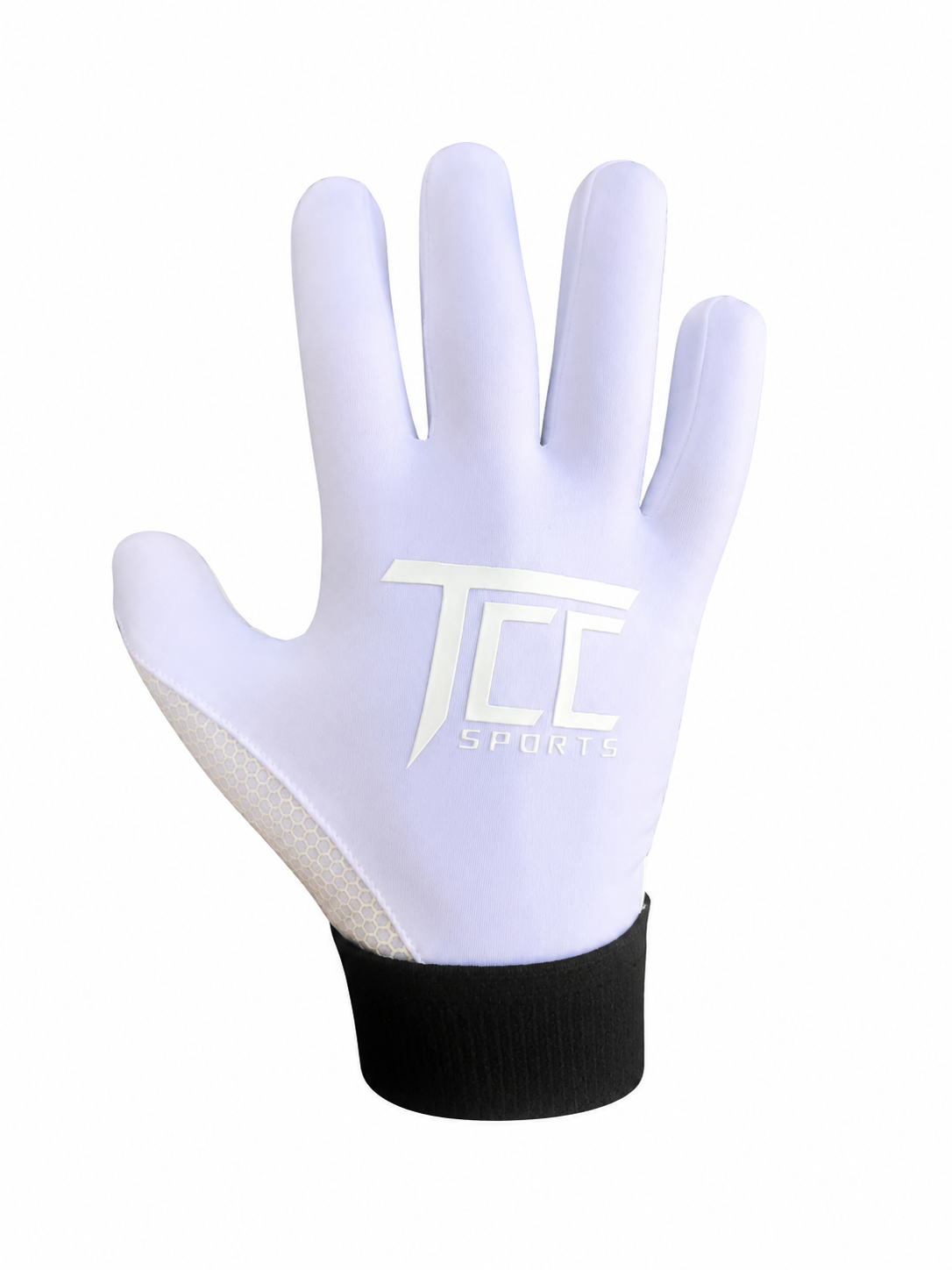 TCC Sports white and  black strapless Gaelic glove, backhand view showing the TCC logo and black wrist cuff.