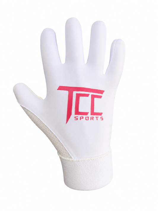 TCC Sports white and pink strapless Gaelic glove, backhand view showing the TCC logo and white wrist cuff.
