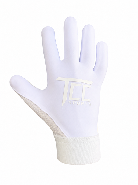 TCC Sports whiteout strapless Gaelic glove, backhand view showing the TCC logo and white wrist cuff.