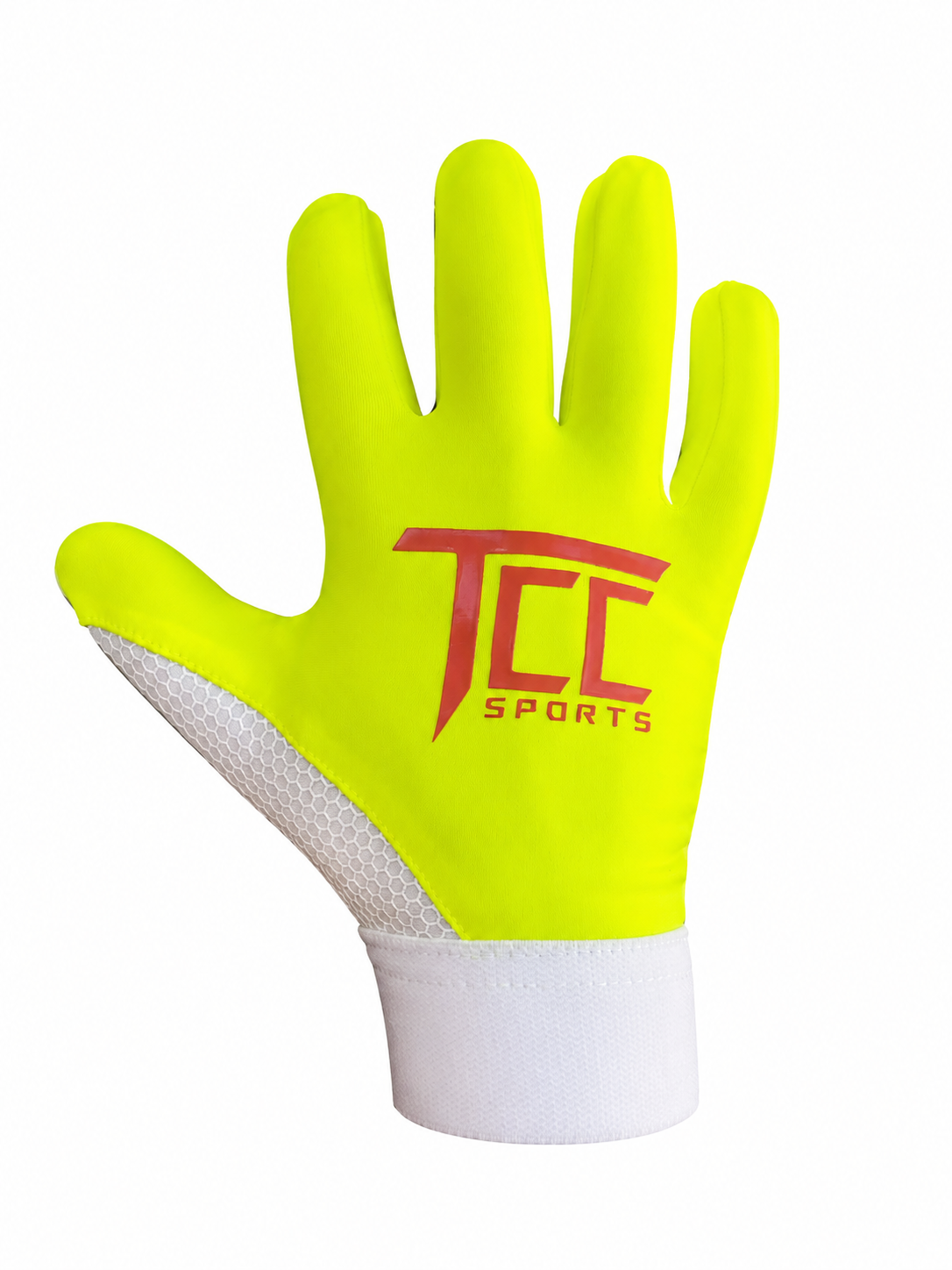 TCC Sports yellow strapless Gaelic glove, backhand view showing the TCC logo and white wrist cuff.