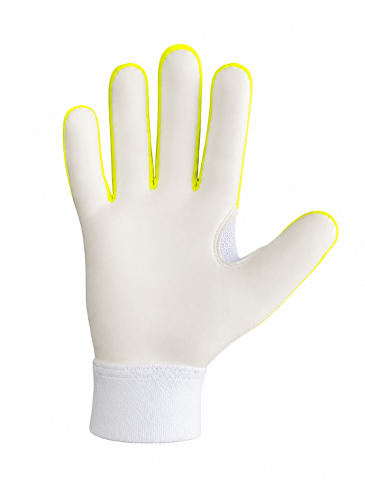 TCC Sports yellow strapless Gaelic glove, backhand view showing the TCC logo and white wrist cuff.

